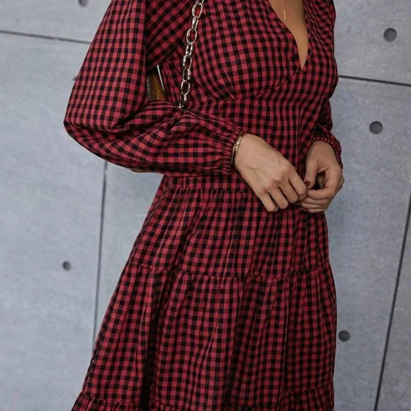 LAST ONE 🔥 Gingham Bishop Sleeve Ruffle Hem Dress - Picture 2 of 5